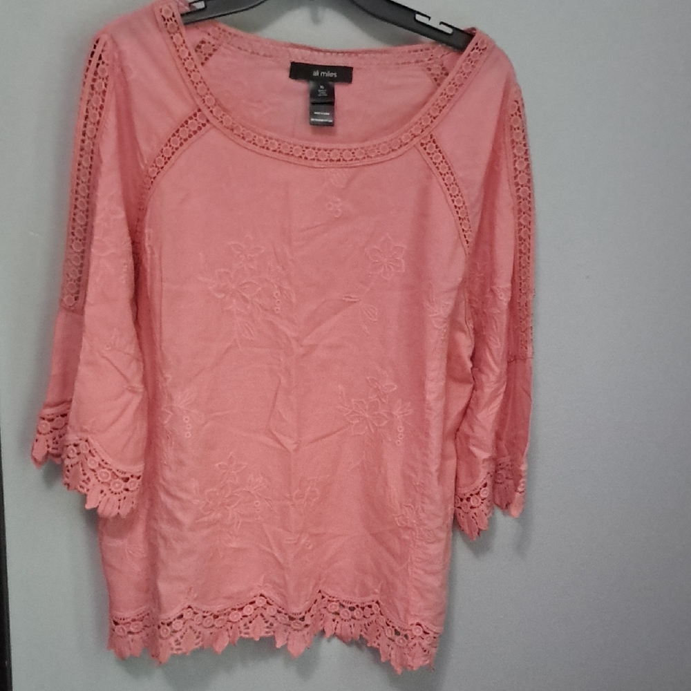Ali Miles Crochet Boho Pink Lace Trim Women's Top Size XL